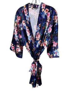 iCollection Navy Blue Floral Size 1/2X Satin Robe